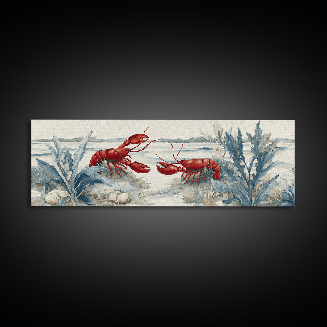 Lobster in Bold Coastal Red Palette Framed Canvas Print, Marine Life Art, Tropical Wall Art, Living Room Decor, Marine, MLA-3x1-7
