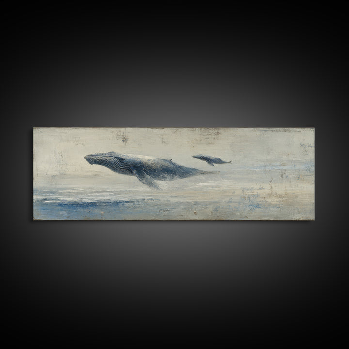 Humpback Whale and Calf Framed Canvas Print, Marine Life Art, Coastal Wall Art, Living Room Decor, Oil Painting, Marine, MLA-3x1-82
