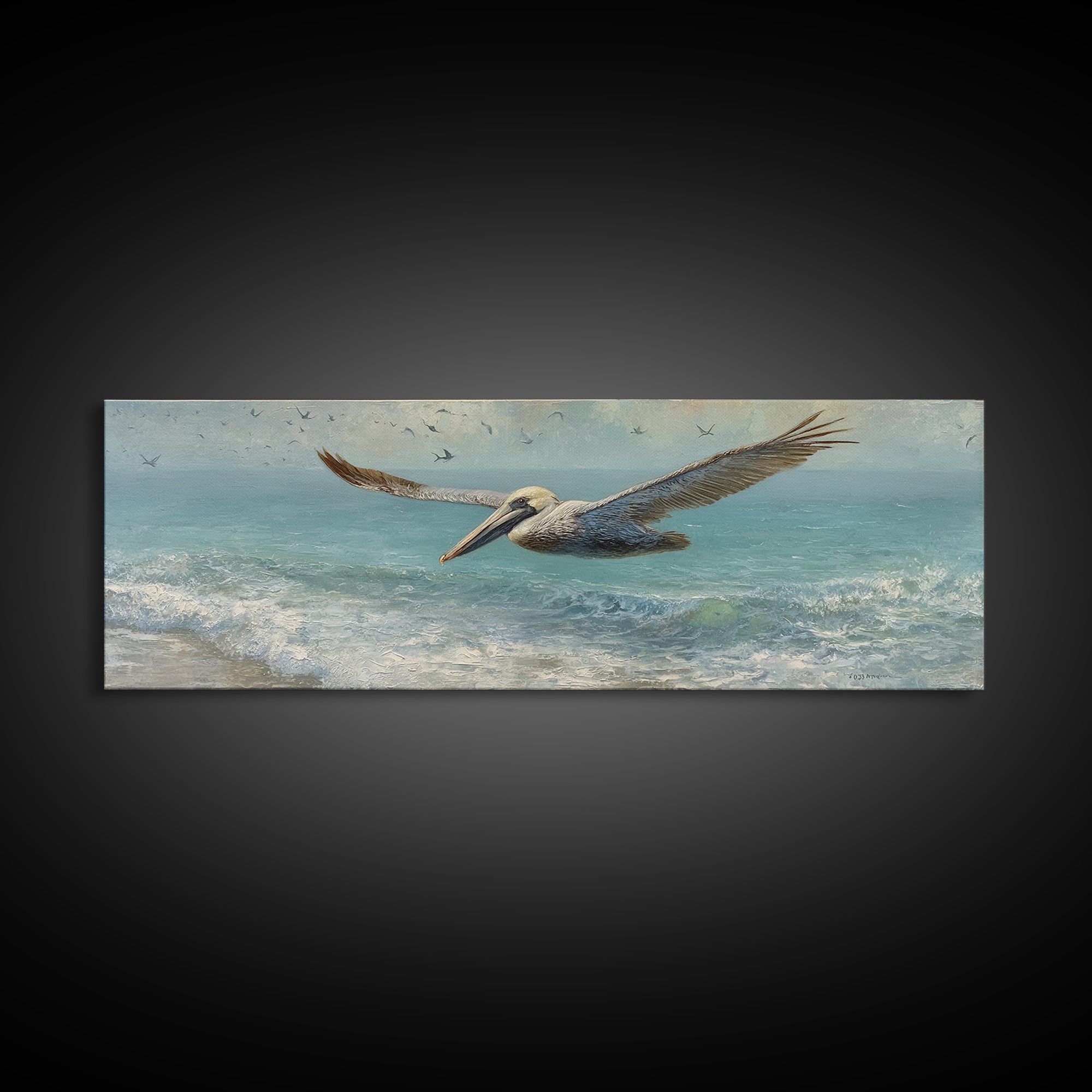 Pelican Diving Toward Fish Near Surface Framed Canvas Print, Marine Life Art, Contemporary Art, Living Room Decor, Marine, MLA-3x1-87