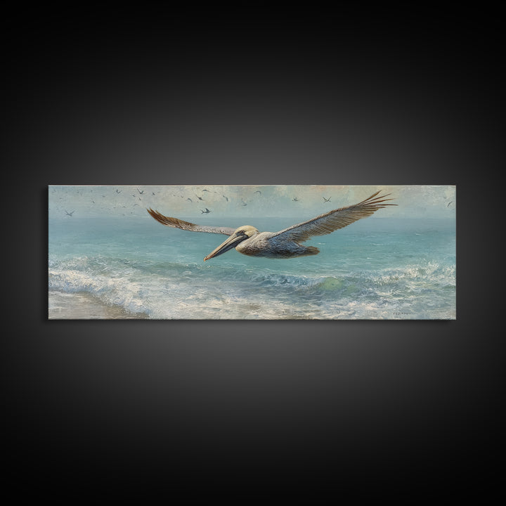 Pelican Diving Toward Fish Near Surface Framed Canvas Print, Marine Life Art, Contemporary Art, Living Room Decor, Marine, MLA-3x1-87
