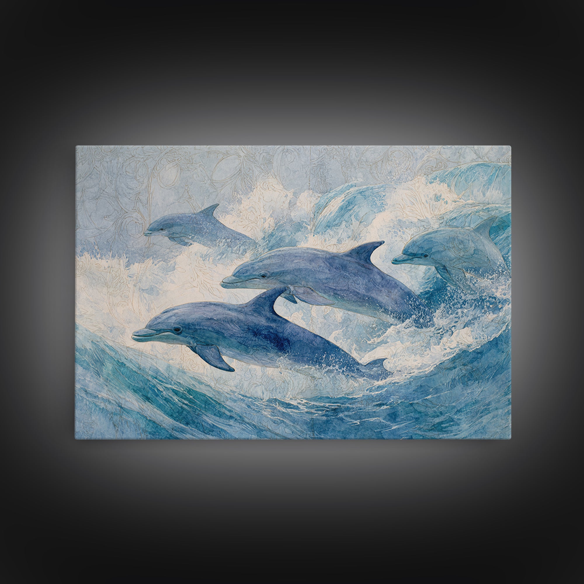 Dolphins Leaping Through Sunlit Waves Canvas Print, Marine Life Art, Minimalist Decor, Living Room Decor, Fine Art, Marine, MLA-3x2-11