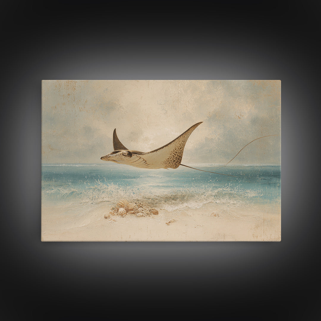 Manta Ray Flying Through Underwater Light Framed Canvas Print, Marine Life Art, Textured Painting, Living Room Decor, Marine, MLA-3x2-18