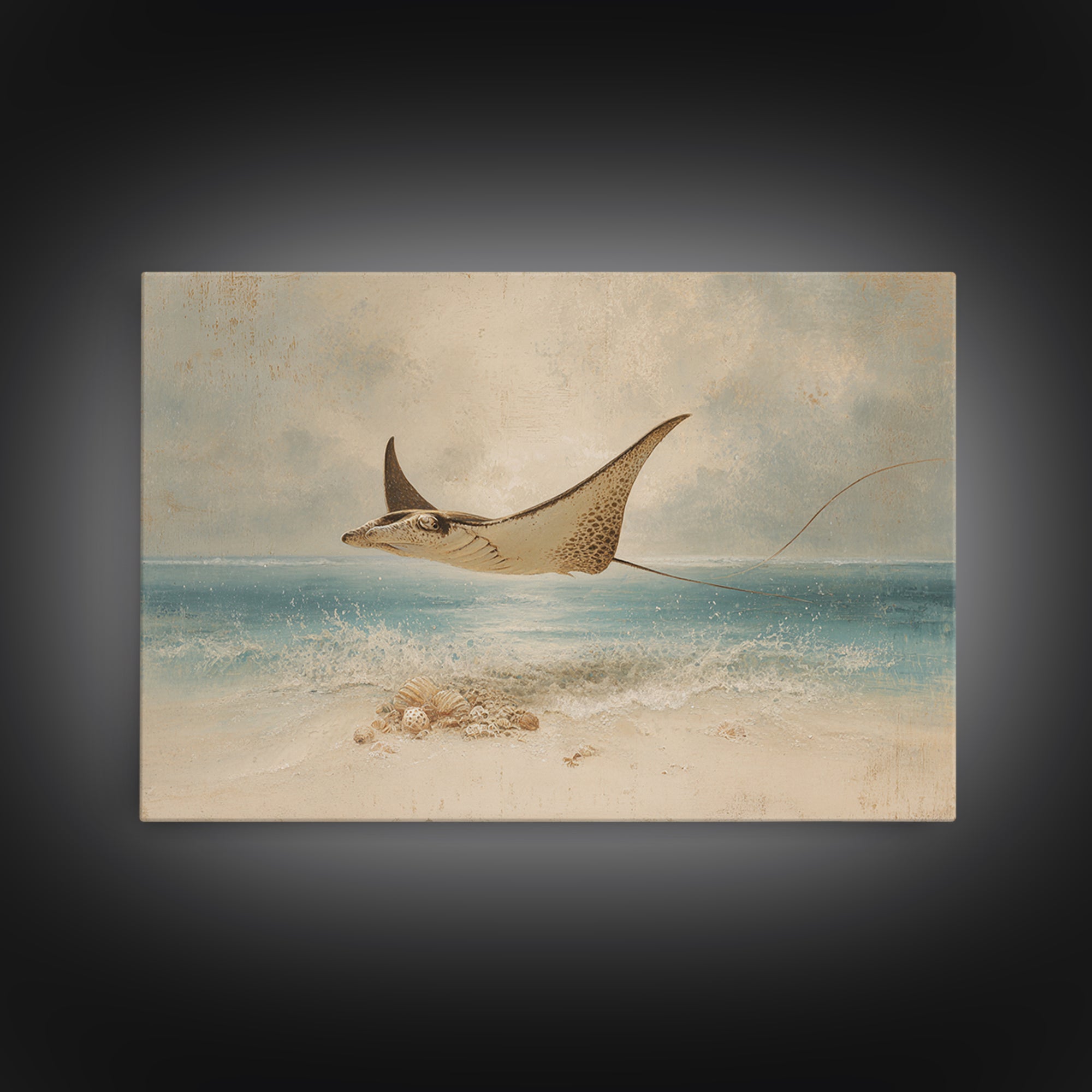 Manta Ray Flying Through Underwater Light Framed Canvas Print, Marine Life Art, Textured Painting, Living Room Decor, Marine, MLA-3x2-18