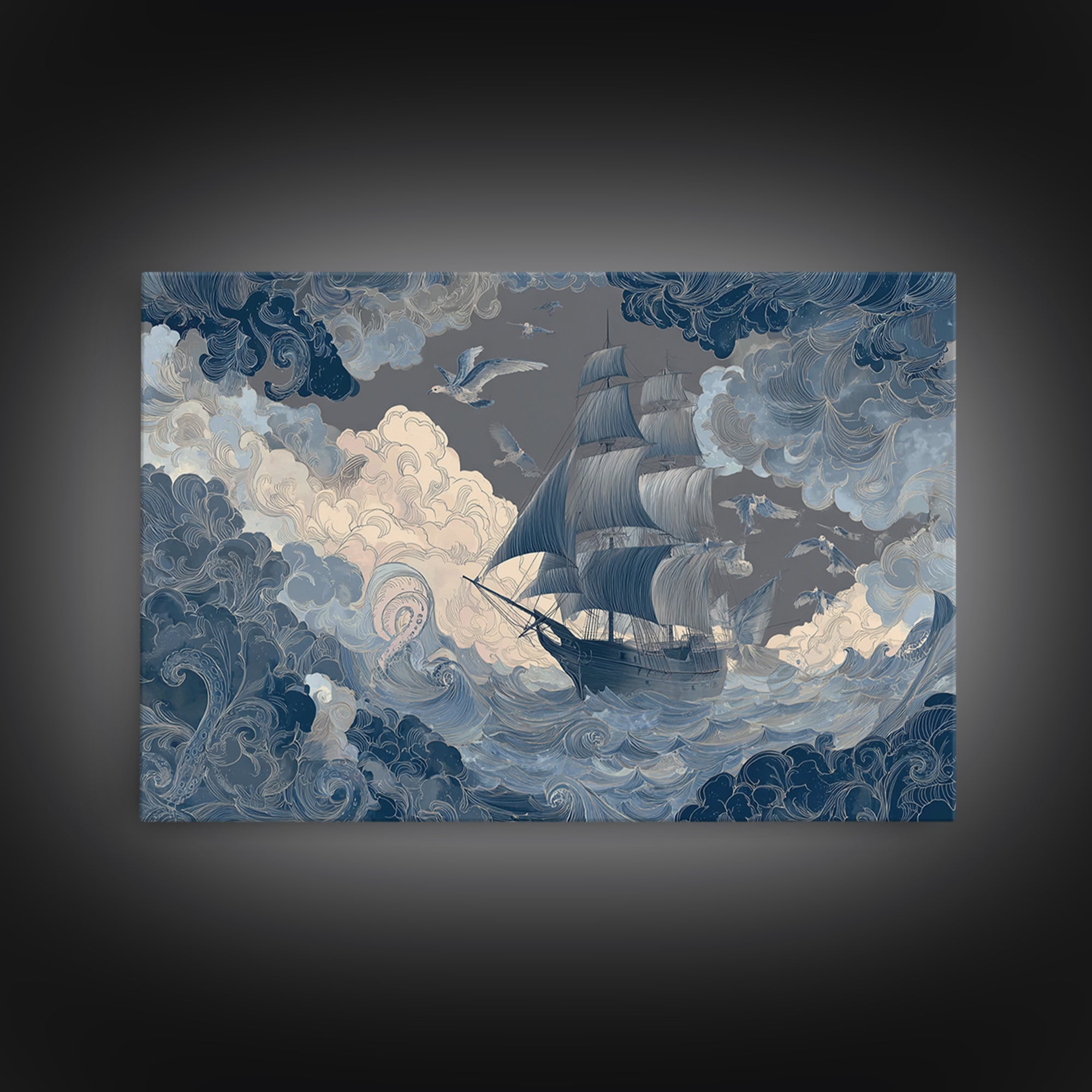 Squid in a Mysterious Midnight Sea Framed Canvas Print, Marine Life Art, Room Decor, Living Room Decor, Fine Art, Marine, MLA-3x2-23