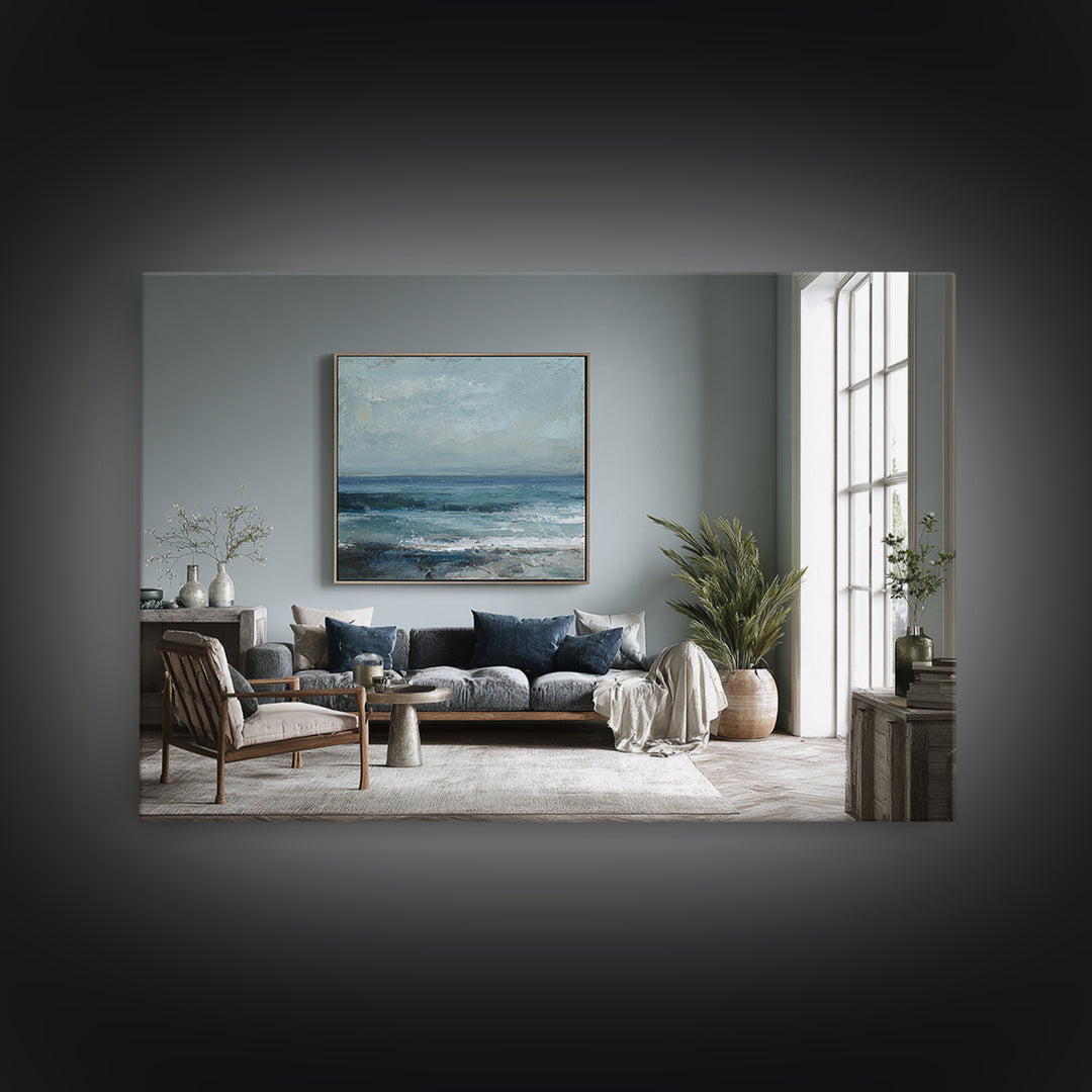 Squid in a Mysterious Midnight Sea Framed Canvas Print, Marine Life Art, Ocean Decor, Living Room Decor, Oil Painting, Marine, MLA-3x2-47