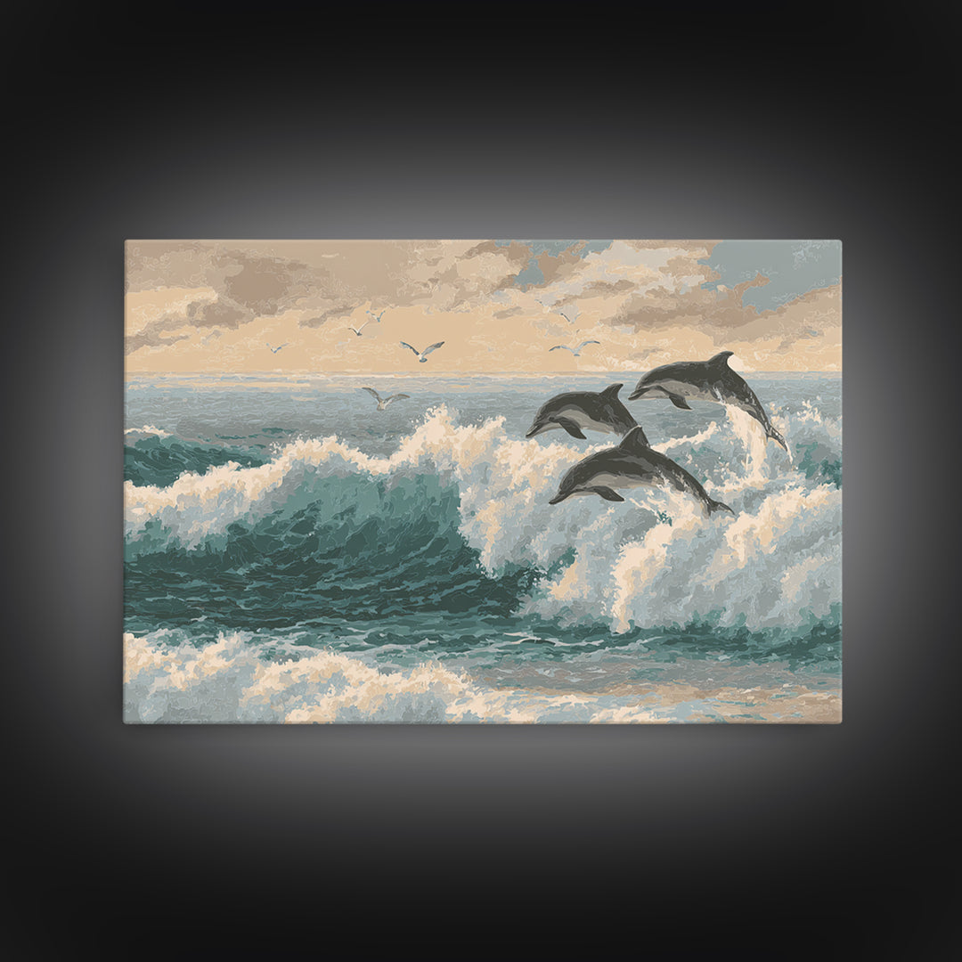 Dolphins Leaping Through Sunlit Waves Framed Canvas Print, Marine Life Art, Original Artwork, Living Room Decor, Oil Painting, MLA-3x2-59