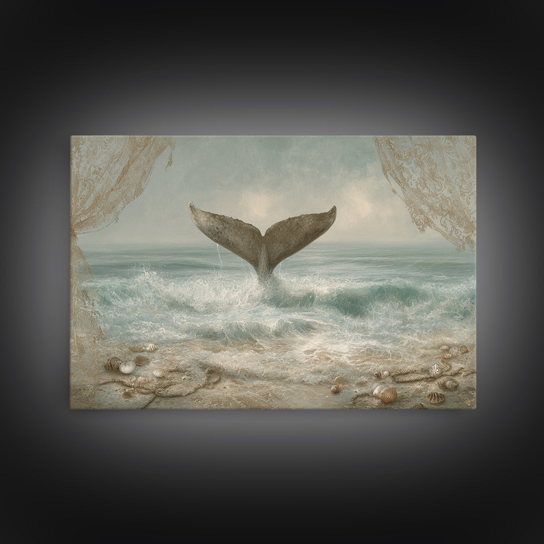 Whale Tail Rising from Misty Ocean Framed Canvas Print, Marine Life Art, Contemporary Art, Living Room Decor, Fine Art, Marine, MLA-3x2-6