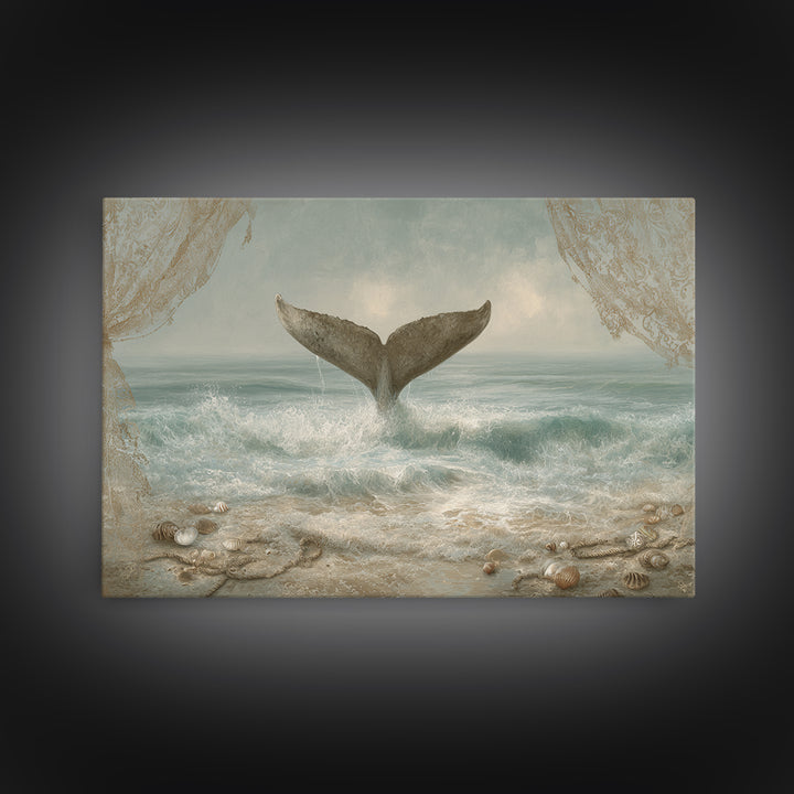 Whale Tail Rising from Misty Ocean Framed Canvas Print, Marine Life Art, Contemporary Art, Living Room Decor, Fine Art, Marine, MLA-3x2-6