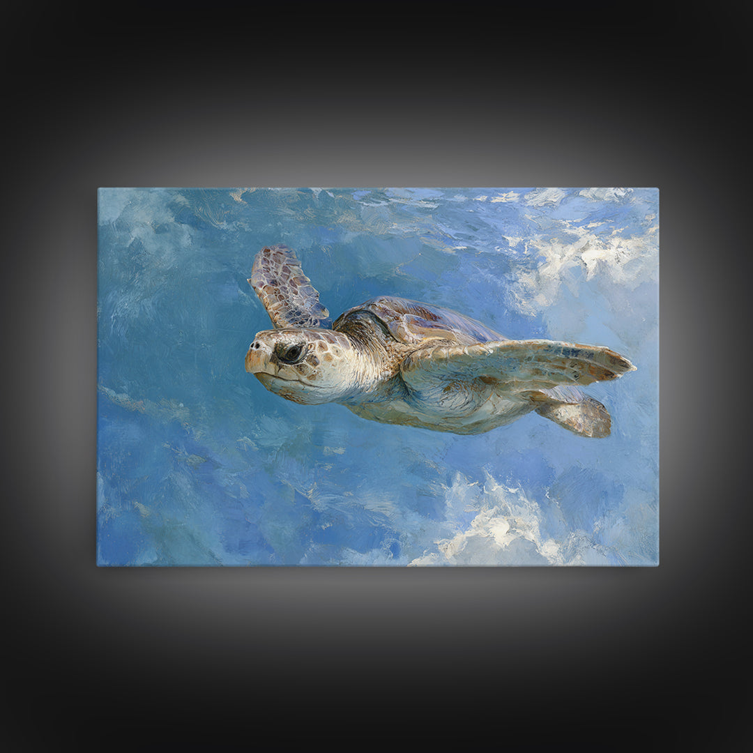 Sea Turtle Gliding Through Clear Blue Water Framed Canvas Print, Marine Life Art, Original Artwork, Living Room Decor, Marine, MLA-3x2-77