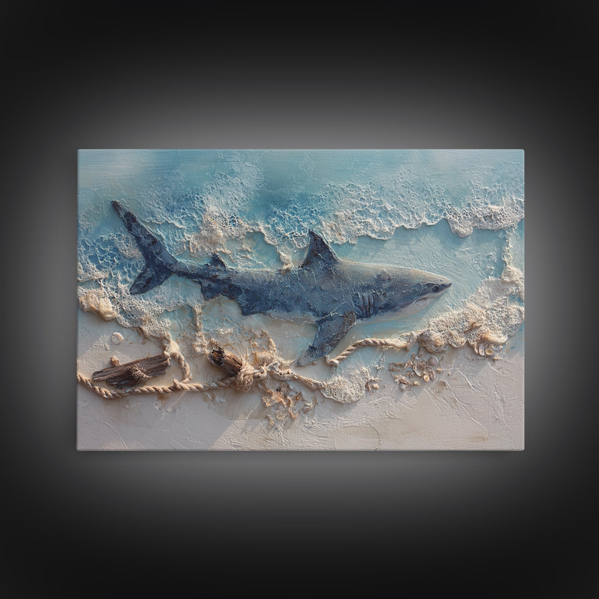 Shark Silhouette in Deep Blue Light Canvas Print, Marine Life Art, Fish Art, Living Room Decor, Marine, Modern Art Print, MLA-3x2-88
