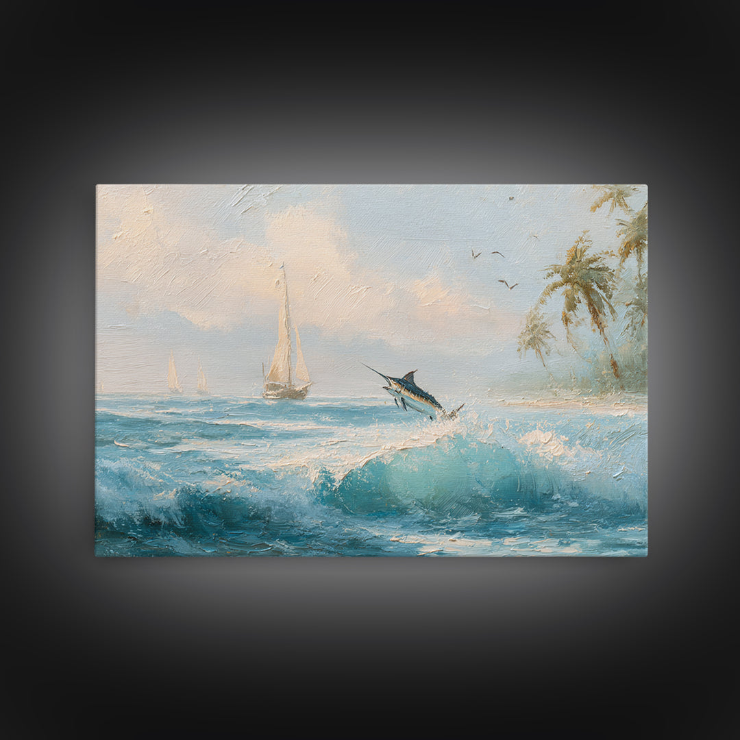 Sailfish Leaping in Dramatic Motion Framed Canvas Print, Marine Life Art, Nautical Wall Decor, Living Room Decor, MLA-3x2-97