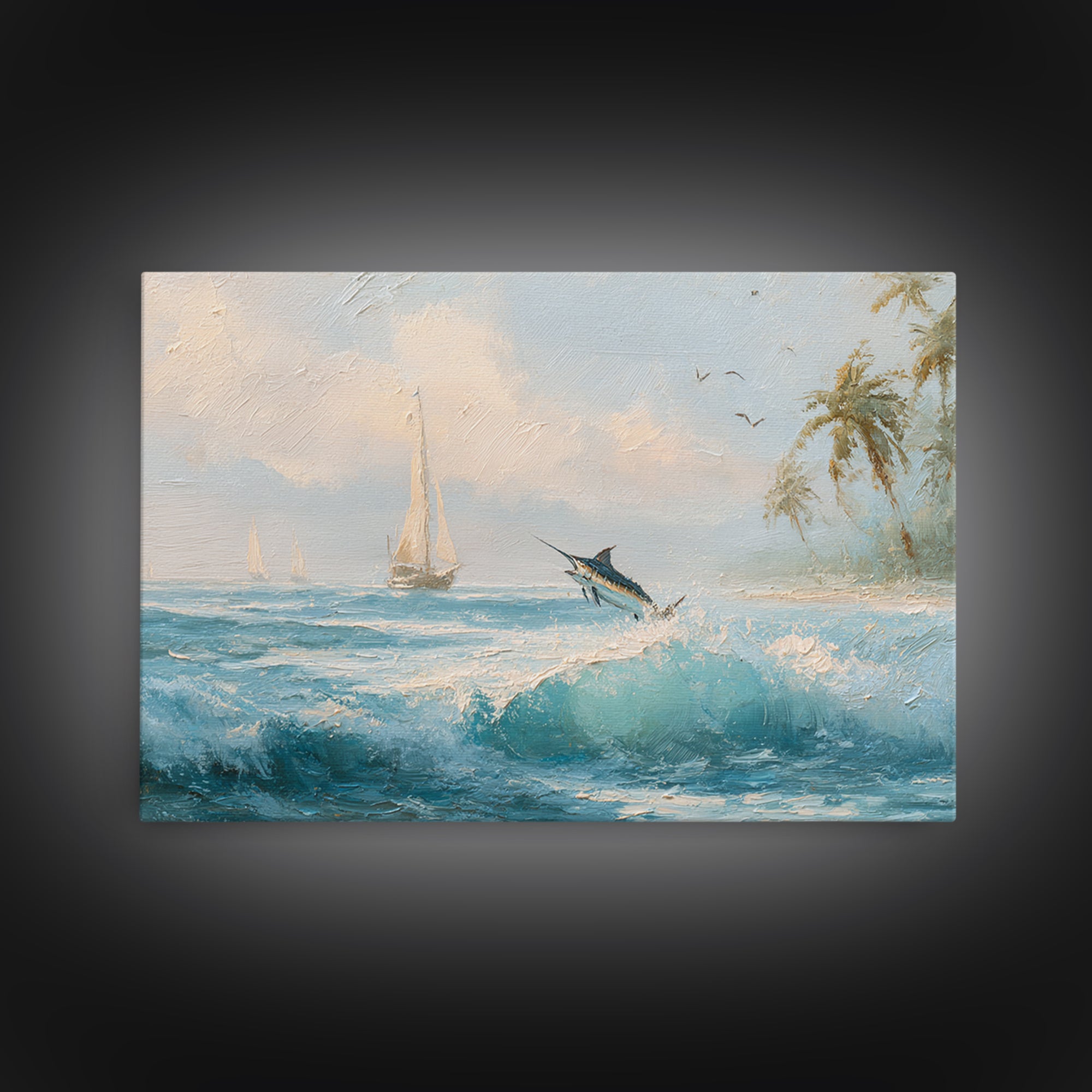 Sailfish Leaping in Dramatic Motion Framed Canvas Print, Marine Life Art, Nautical Wall Decor, Living Room Decor, MLA-3x2-97