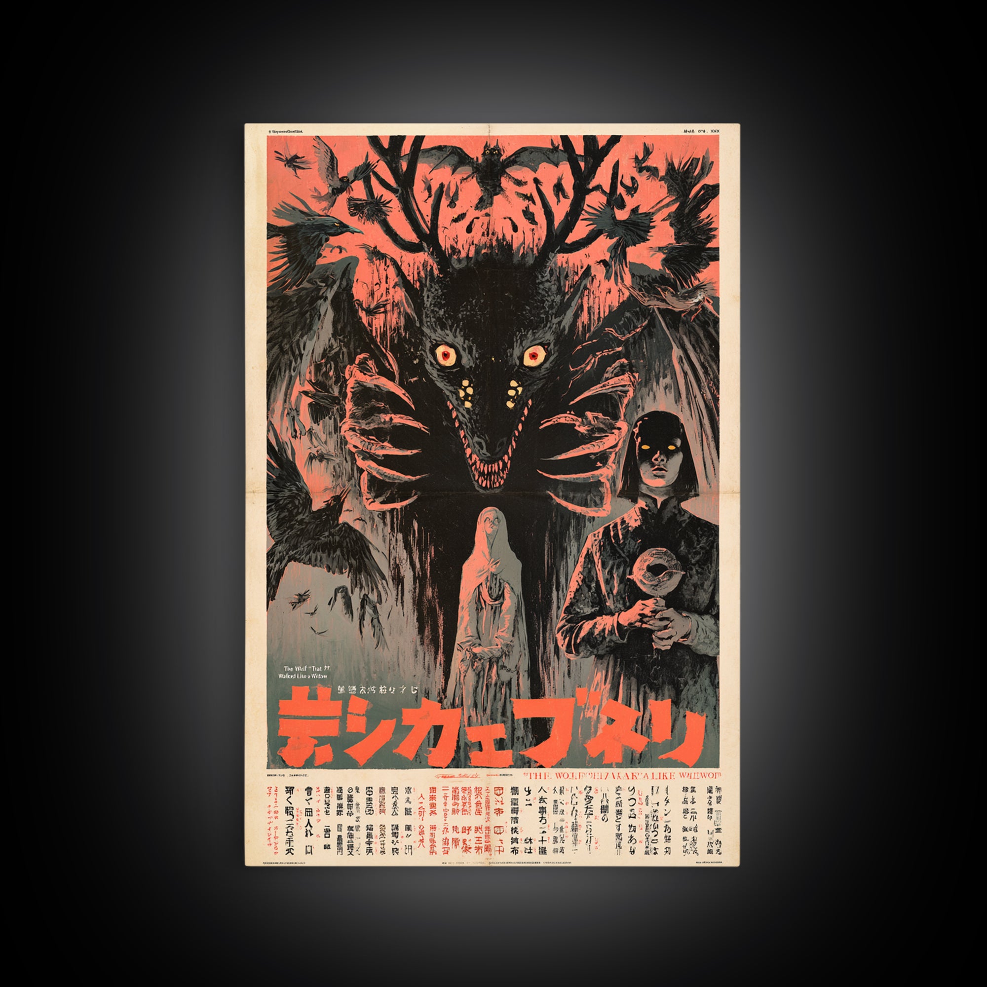 The Wolf That Walked Like A Widow, Japanese Horror Film Poster, Retro Gothic Cinema Art, Vintage Halloween Wall Art, Framed Canvas Print