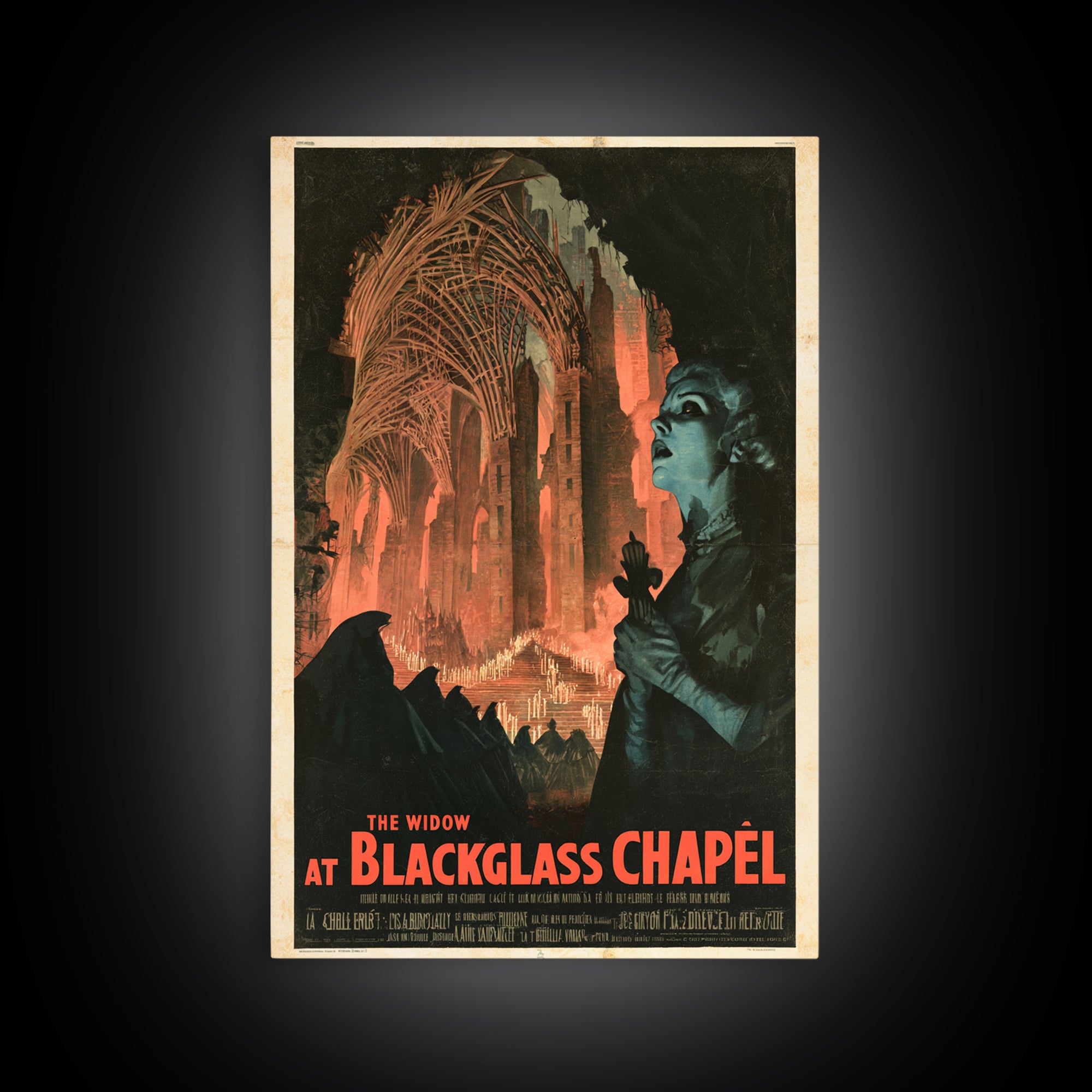 The Widow At Blackglass Chapel, French Horror Film Poster, Retro Gothic Cinema Art, Vintage Halloween Wall Art, Framed Canvas Print
