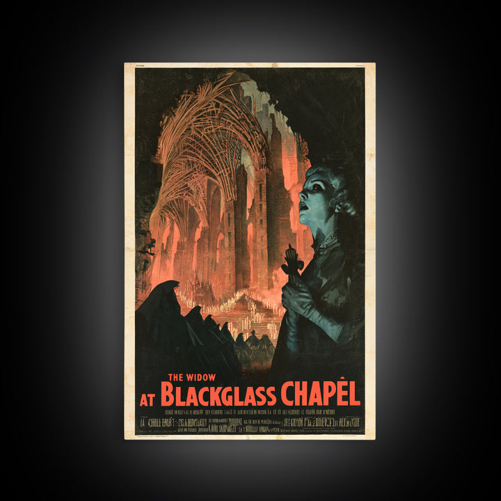 The Widow At Blackglass Chapel, French Horror Film Poster, Retro Gothic Cinema Art, Vintage Halloween Wall Art, Framed Canvas Print