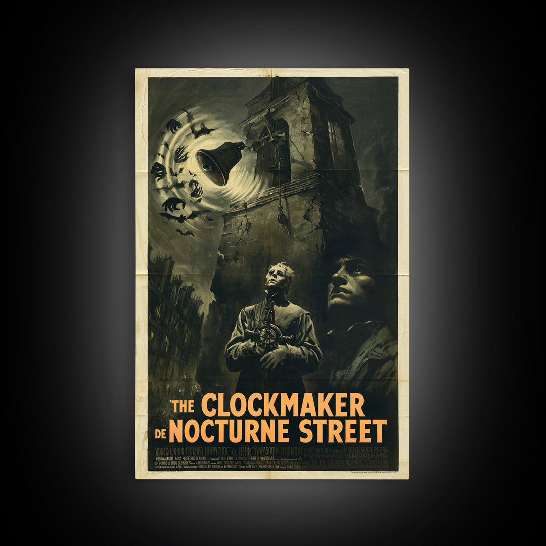 The Clockmaker Of Nocturne Street, French Horror Film Poster, Retro Gothic Cinema Art, Vintage Halloween Wall Art, Framed Canvas Print