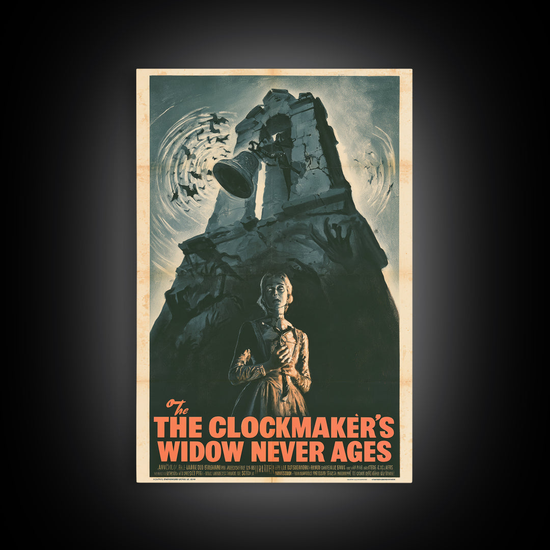 The Clockmaker's Widow Never Ages, French Horror Film Poster, Retro Gothic Cinema Art, Vintage Halloween Wall Art, Framed Canvas Print