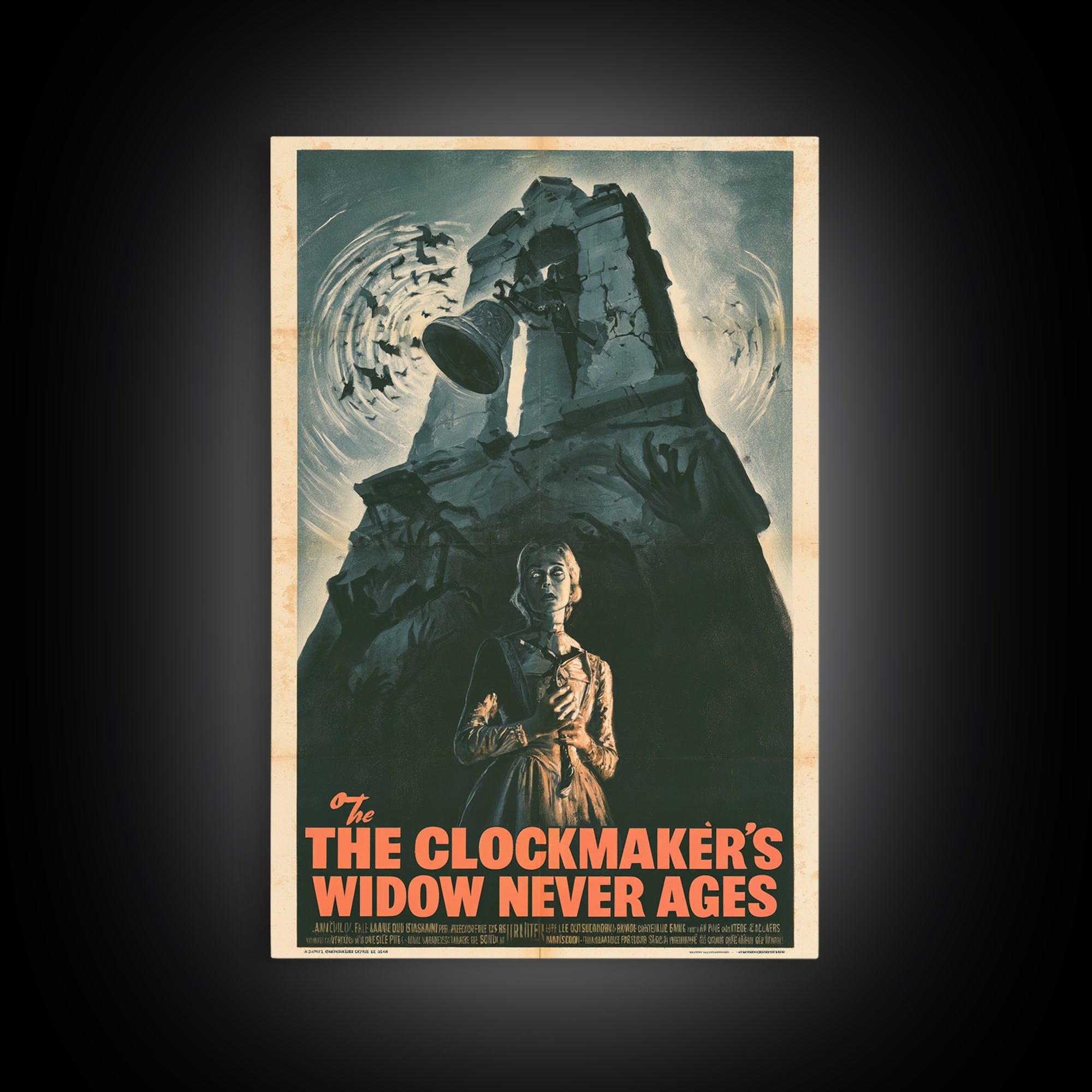 The Clockmaker's Widow Never Ages, French Horror Film Poster, Retro Gothic Cinema Art, Vintage Halloween Wall Art, Framed Canvas Print