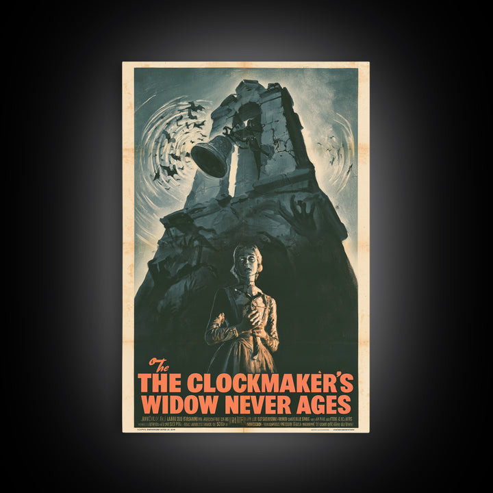 The Clockmaker's Widow Never Ages, French Horror Film Poster, Retro Gothic Cinema Art, Vintage Halloween Wall Art, Framed Canvas Print
