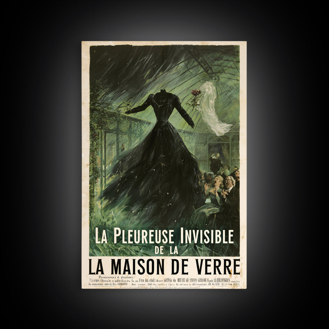The Invisible Mourner Of Glass House, French Horror Film Poster, Retro Gothic Cinema Art, Vintage Halloween Wall Art, Framed Canvas Print