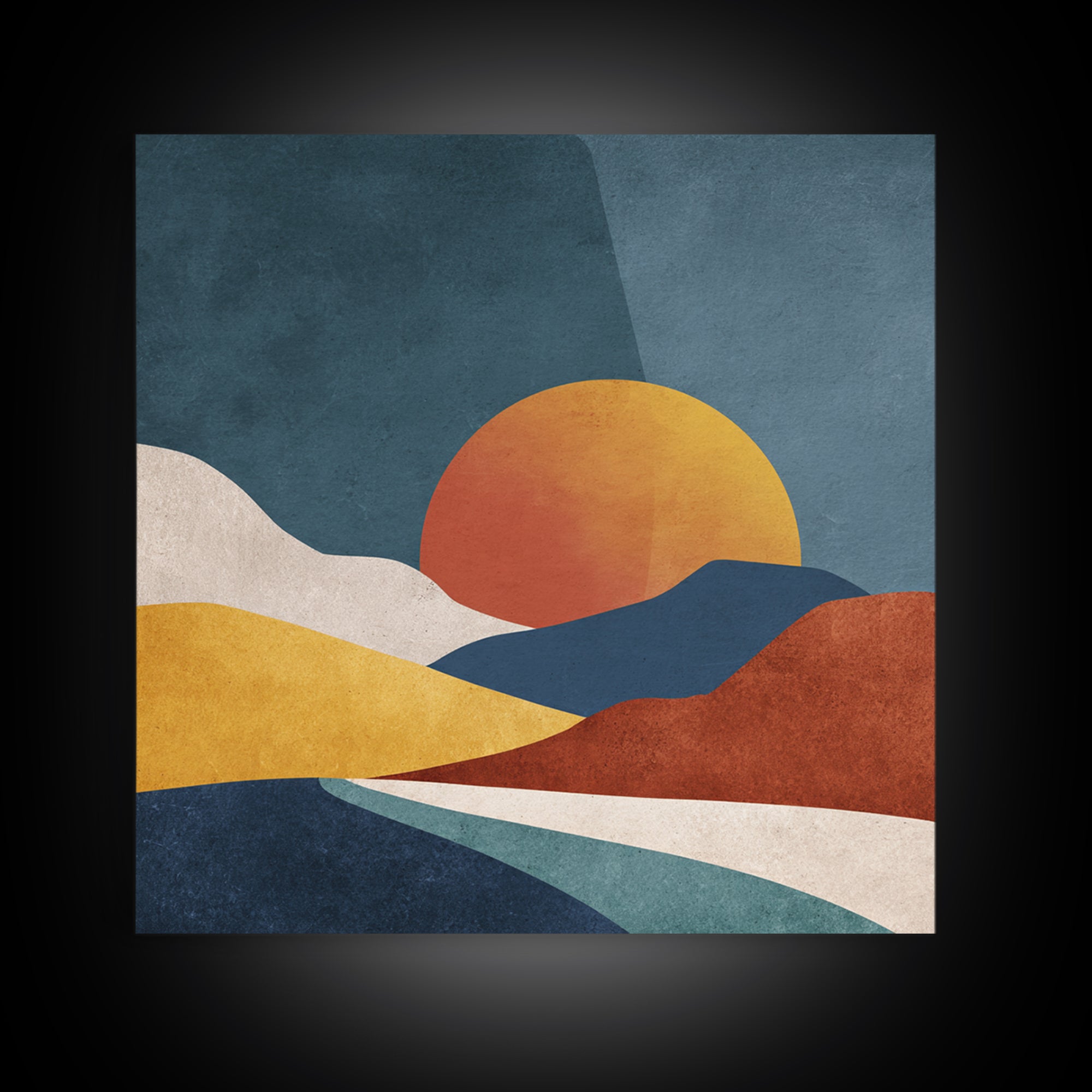 Large Sun and Hill Shapes Framed Canvas Print, Midcentury Modern Art, Textured Painting, Living Room Decor, Abstract Art, Retro, MMA-1x1-29