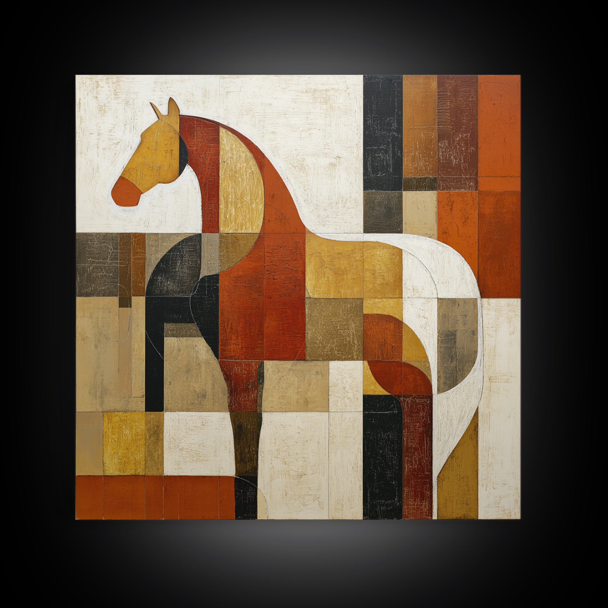 Mid Century Horse Framed Canvas Print, Midcentury Modern Art, Oversized Wall Art, Living Room Decor, Oil Painting, Retro, MMA-1x1-43