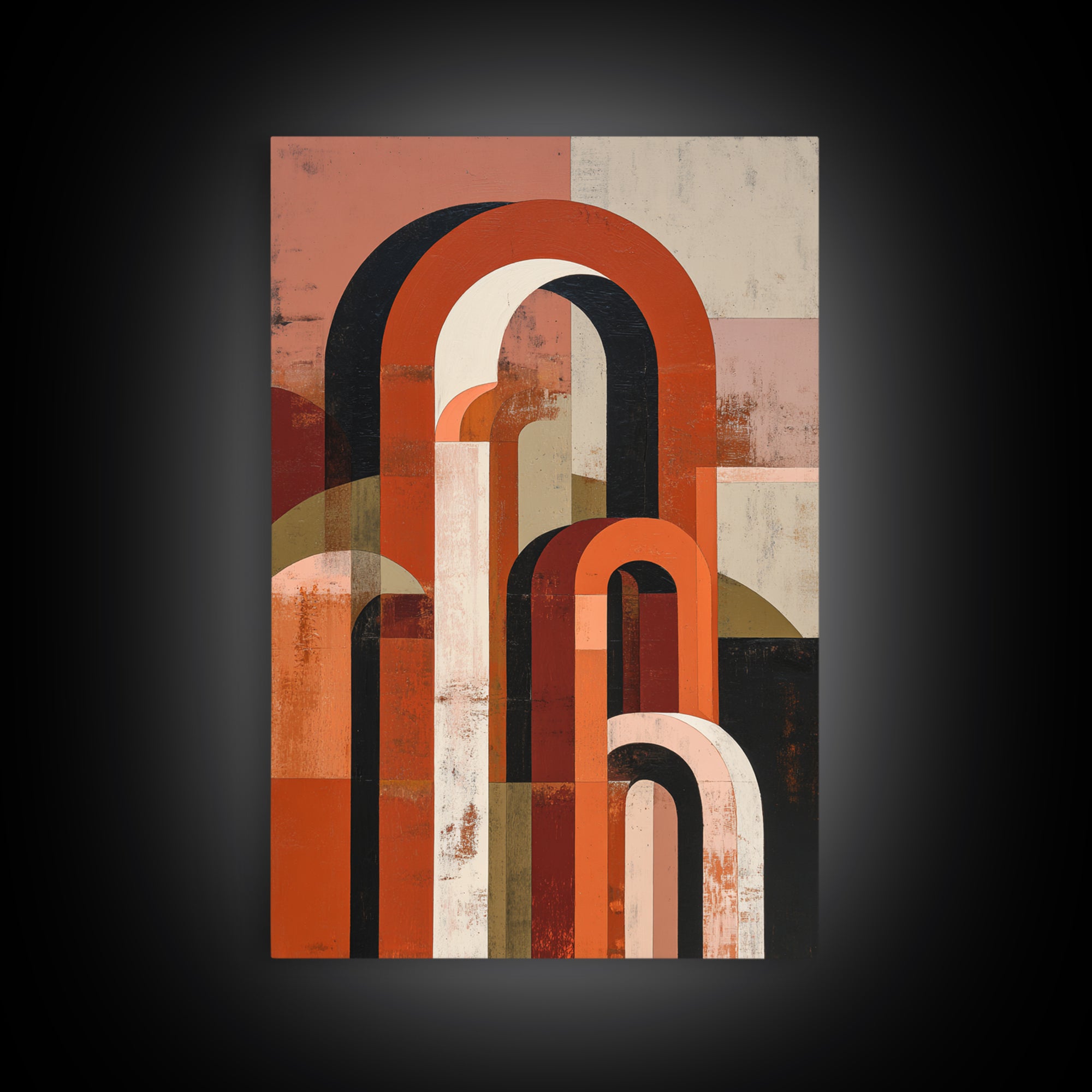 Stacked Arches in Burnt Orange and Cream Framed Canvas Print, Midcentury Modern Art, Prints, Living Room Decor, Oil Painting, MMA-2x3-21