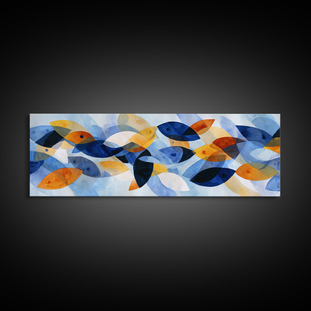 Abstract Fish Shapes Framed Canvas Print, Midcentury Modern Art, Digital Prints, Living Room Decor, Abstract Art, Retro, MMA-3x1-10
