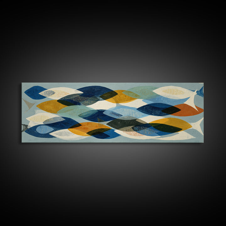 Abstract Fish Shapes Framed Canvas Print, Midcentury Modern Art, Digital Print, Living Room Decor, Retro, Minimalist Wall Art, MMA-3x1-82