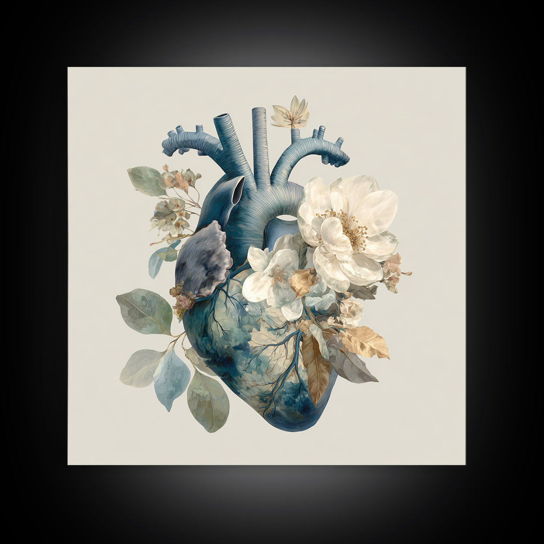 Anatomical Heart Rendered as Tasteful Botanical Art Canvas Print, Medical Office Art, Heart Anatomy Print, Office Decor, Calm, MOA-1x1-13
