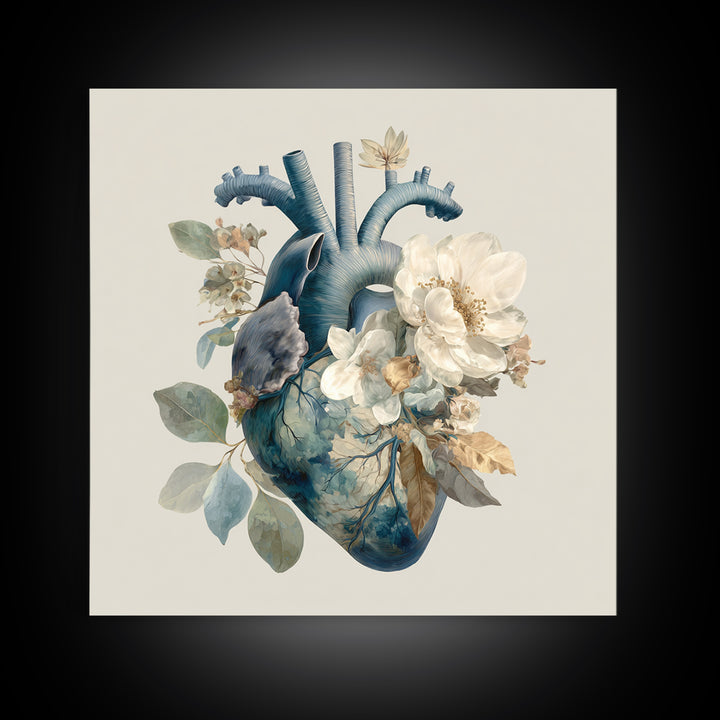 Anatomical Heart Rendered as Tasteful Botanical Art Canvas Print, Medical Office Art, Heart Anatomy Print, Office Decor, Calm, MOA-1x1-13
