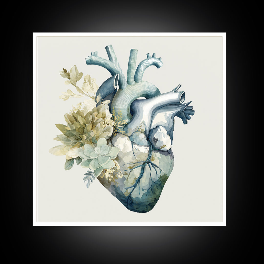Anatomical Heart Rendered as Tasteful Botanical Art Canvas Print, Medical Office Art, Medical School, Office Decor, Calm, MOA-1x1-37