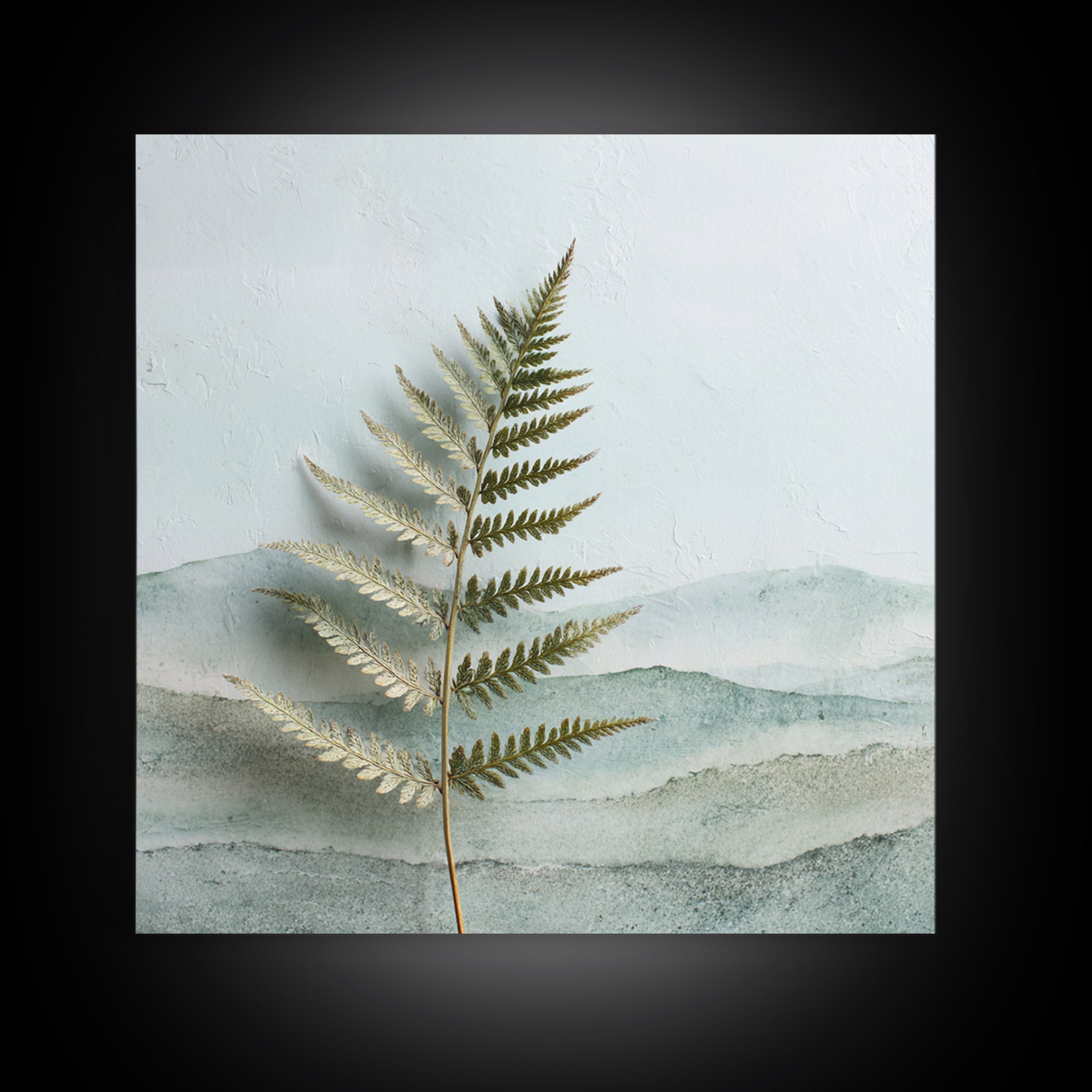 Minimal Green Fern Specimen Framed Canvas Print, Medical Office Art, Teal Wall Art, Office Decor, Fine Art, Calm, Anatomy Art, MOA-1x1-56