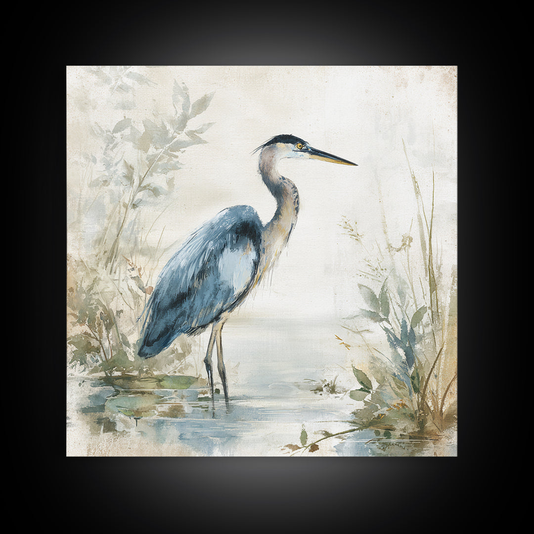 Blue Heron Standing Framed Canvas Print, Medical Office Art, Nurse Wall Art, Office Decor, Fine Art, Calm, Room Decor, MOA-1x1-62