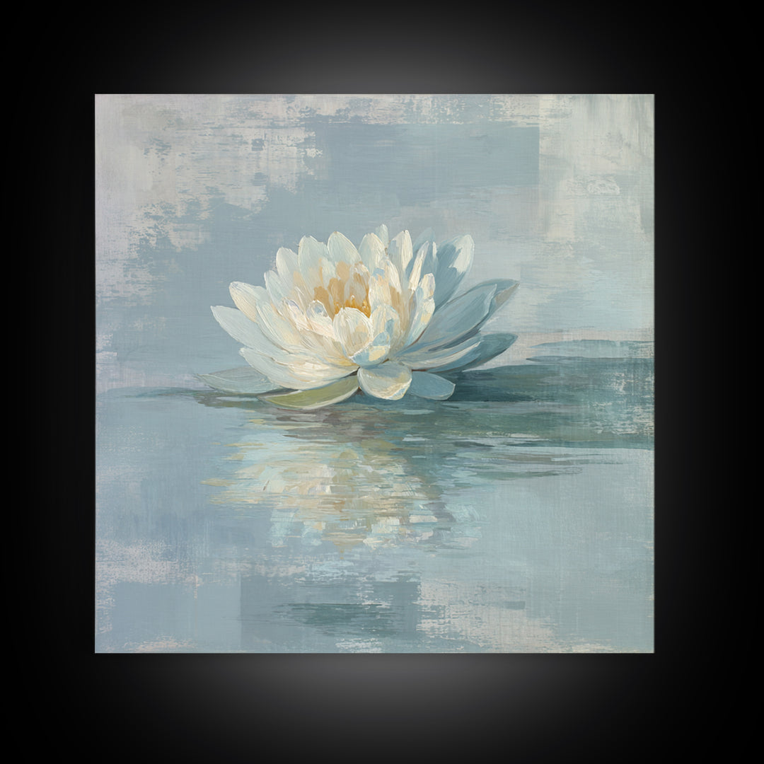 Lotus Flower Floating on Still Water Framed Canvas Print, Medical Office Art, Statement Artwork, Office Decor, Oil Painting, MOA-1x1-83