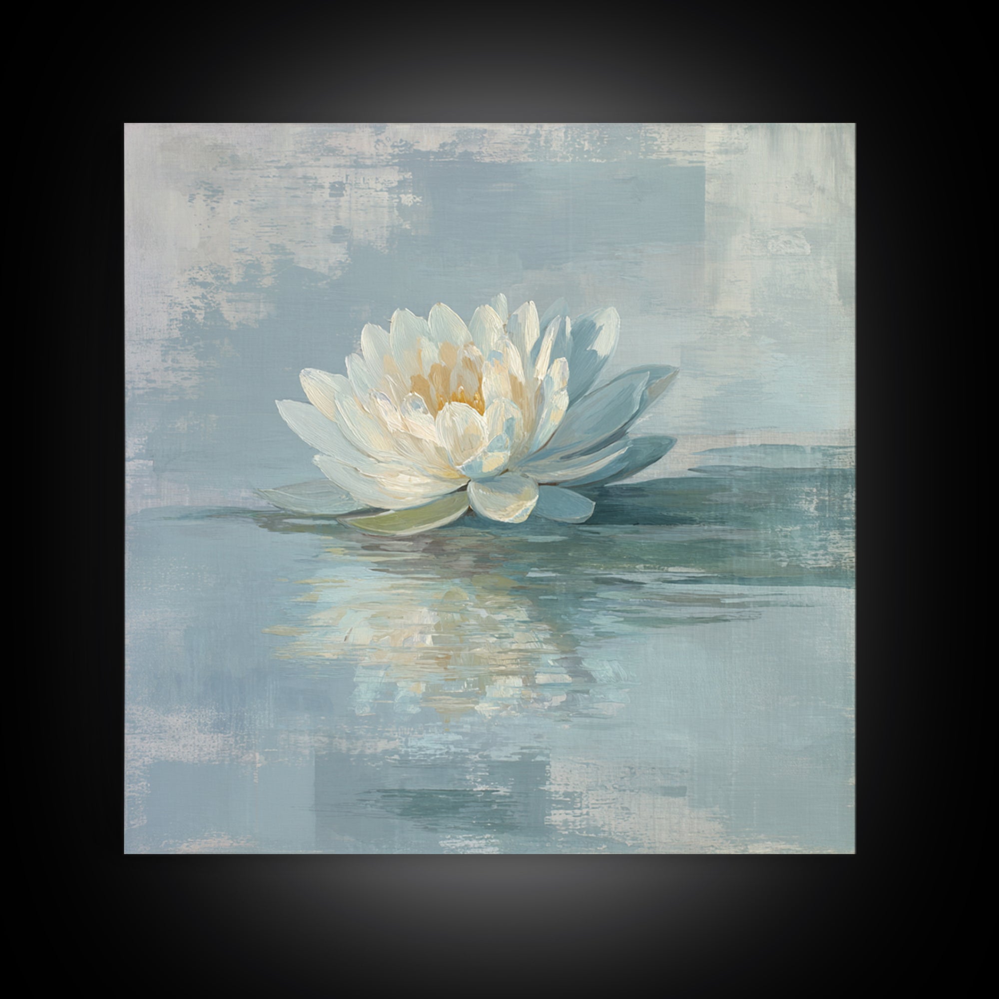 Lotus Flower Floating on Still Water Framed Canvas Print, Medical Office Art, Statement Artwork, Office Decor, Oil Painting, MOA-1x1-83