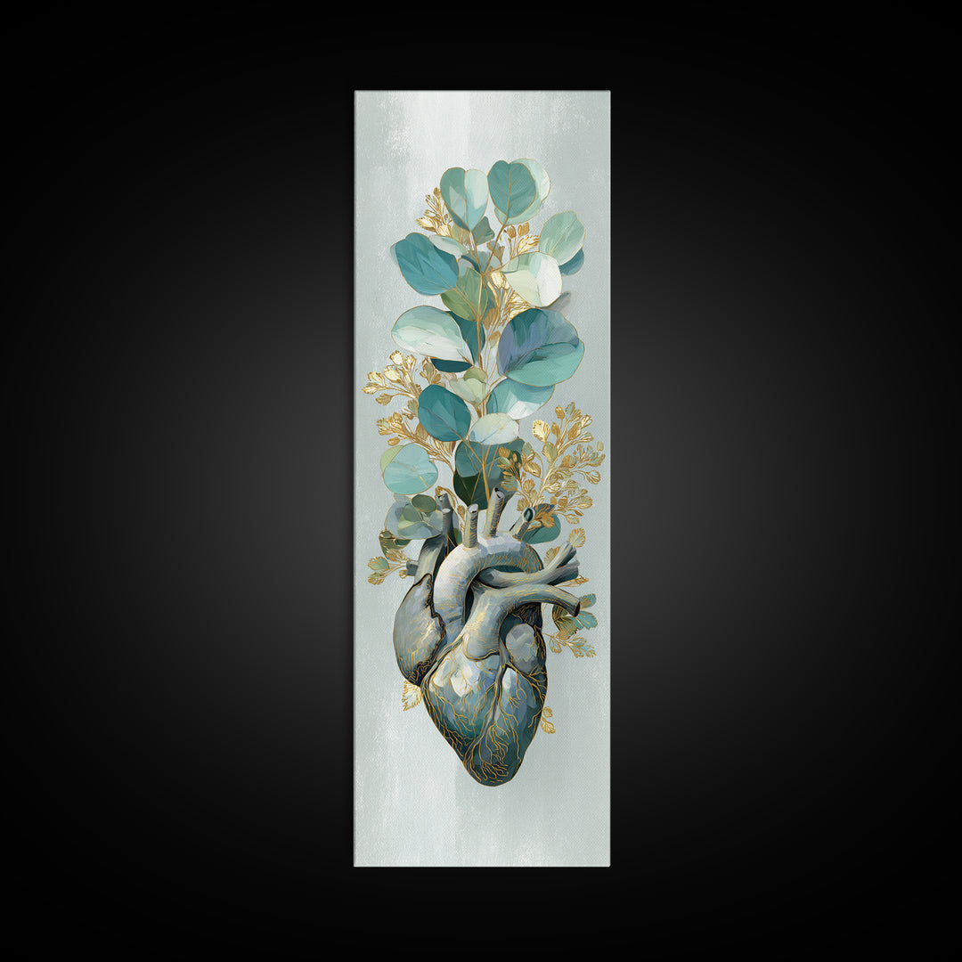 Anatomical Heart Rendered as Tasteful Botanical Art Canvas Print, Medical Office Art, Office Decor, Oil Painting, Calm, MOA-1x3-73