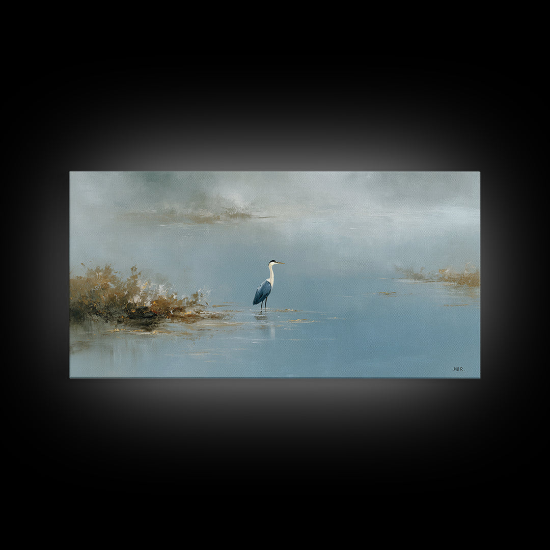 Blue Heron Standing Framed Canvas Print, Medical Office Art, Art Print, Office Decor, Calm, Printable Art, Minimalist Art, MOA-2x1-10