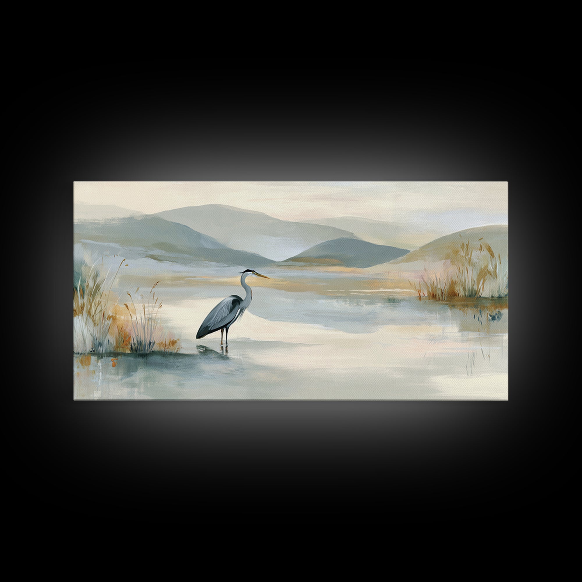 Blue Heron Standing Framed Canvas Print, Medical Office Art, Art Print, Office Decor, Calm, Printable Art, Minimalist Art, MOA-2x1-34
