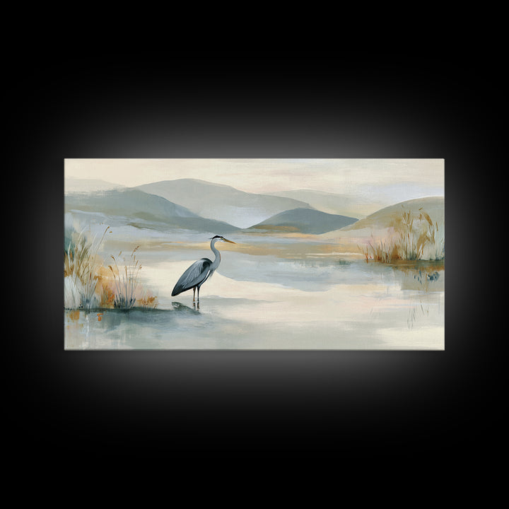 Blue Heron Standing Framed Canvas Print, Medical Office Art, Art Print, Office Decor, Calm, Printable Art, Minimalist Art, MOA-2x1-34