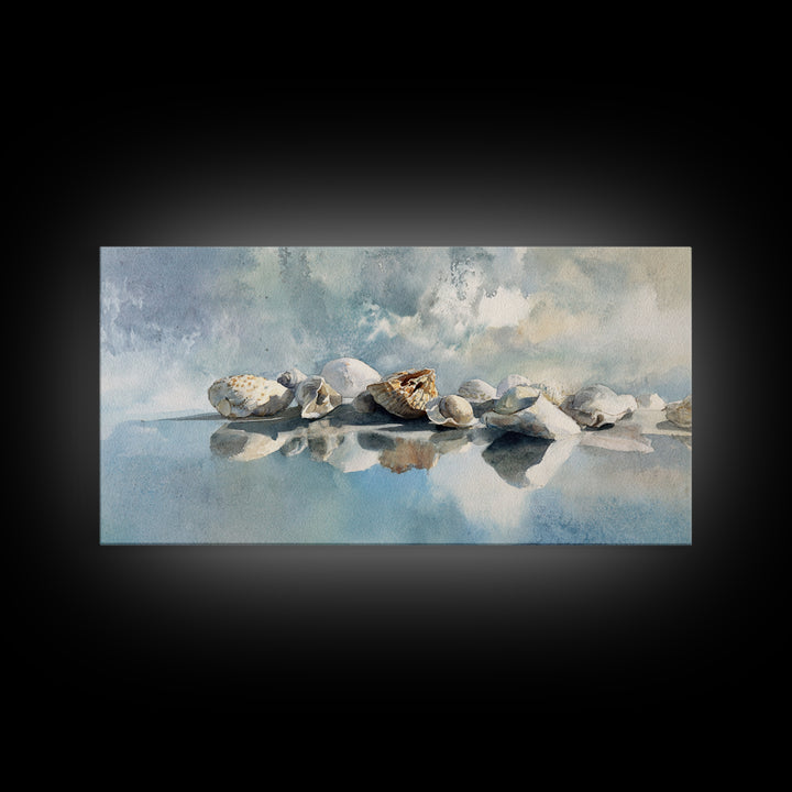 Coastal Shells and Water Study Framed Canvas Print, Medical Office Art, Home Decor, Office Decor, Fine Art, Calm, Medical Art, MOA-2x1-40