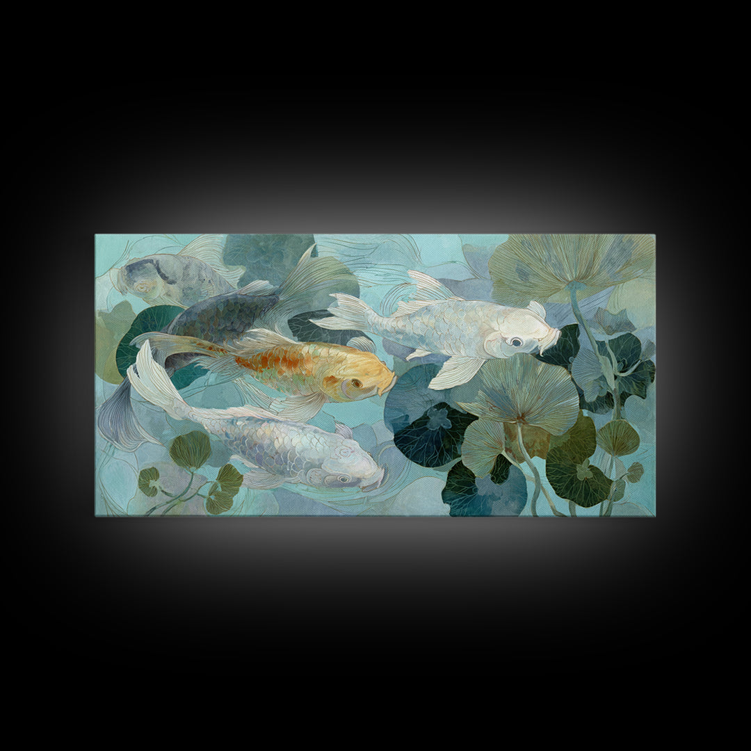 Calm Koi Fish Swimming Through Clear Water Framed Canvas Print, Medical Office Art, Statement Artwork, Office Decor, Calm, MOA-2x1-42