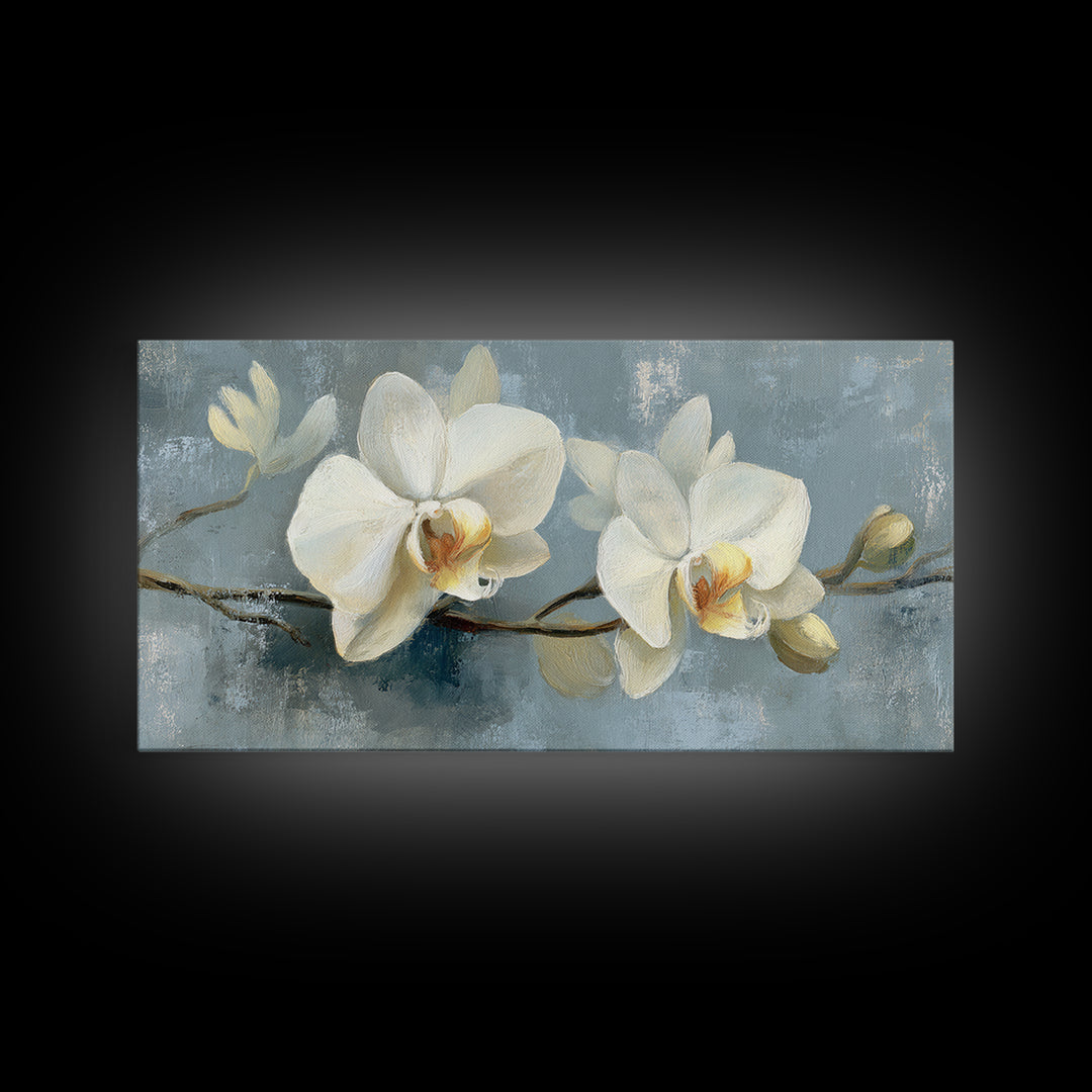 White Orchid on Gray Stone Surface Framed Canvas Print, Medical Office Art, Minimalist Decor, Office Decor, Fine Art, Calm, MOA-2x1-50