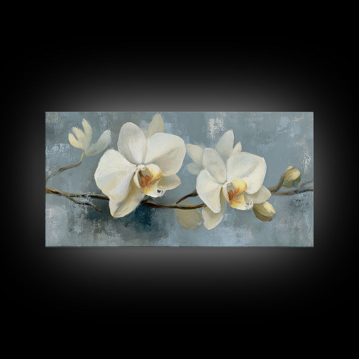 White Orchid on Gray Stone Surface Framed Canvas Print, Medical Office Art, Minimalist Decor, Office Decor, Fine Art, Calm, MOA-2x1-50