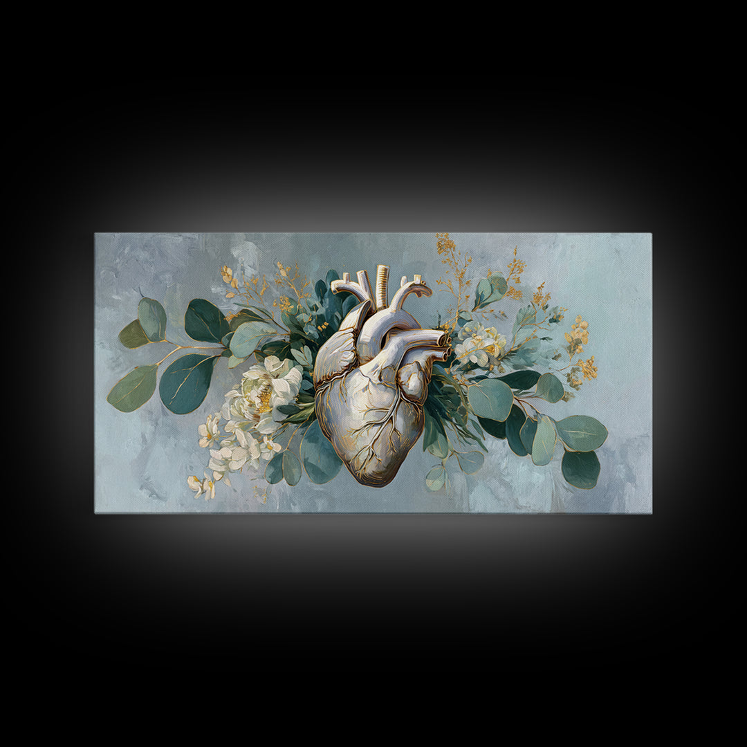 Anatomical Heart Rendered as Tasteful Botanical Art Canvas Print, Medical Office Art, Digital Art, Office Decor, Watercolor Art, MOA-2x1-57