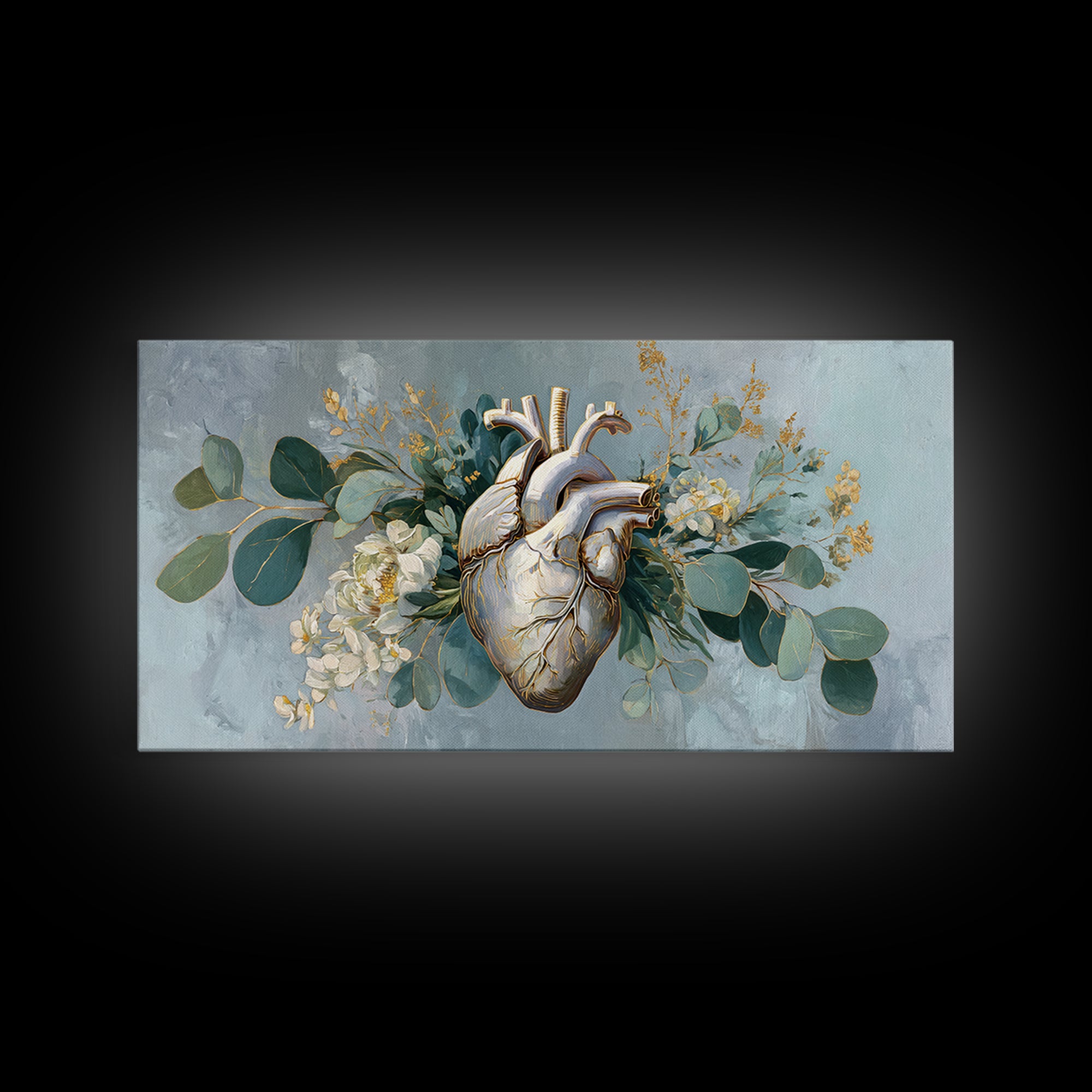 Anatomical Heart Rendered as Tasteful Botanical Art Canvas Print, Medical Office Art, Digital Art, Office Decor, Watercolor Art, MOA-2x1-57