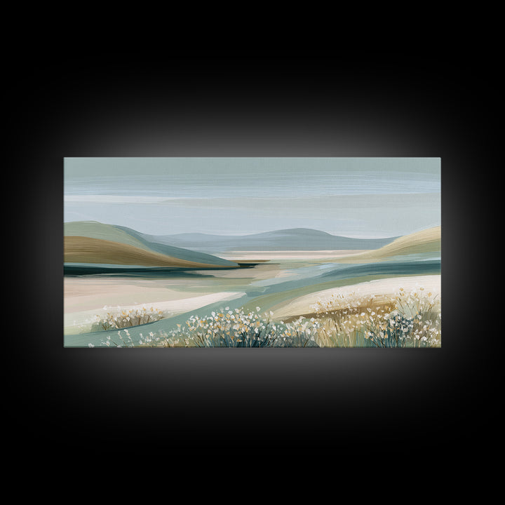 Sunlit Meadow with Wildflowers and Calm Mood Framed Canvas Print, Medical Office Art, Luxury Decor, Office Decor, MOA-2x1-8