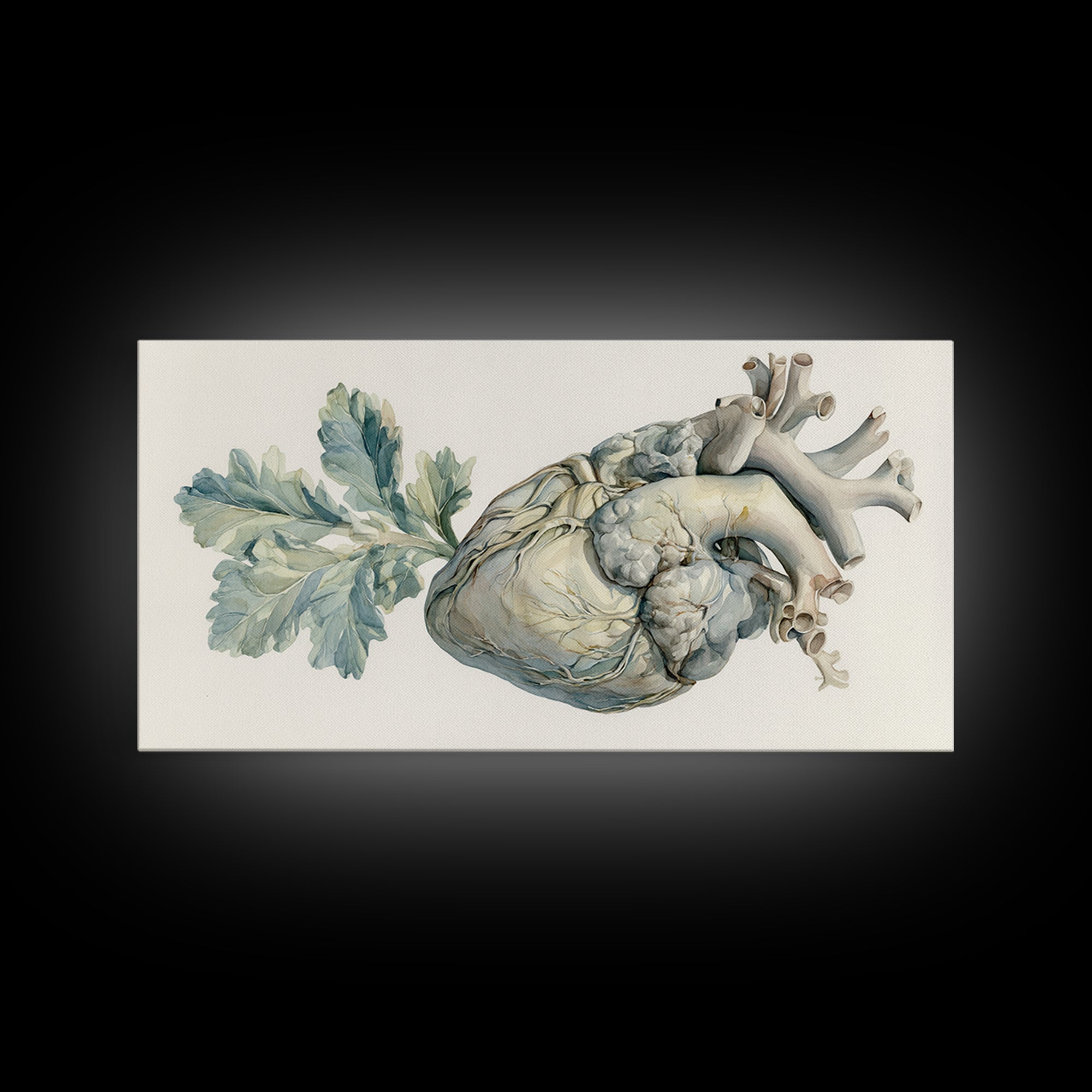 Anatomical Heart Rendered as Tasteful Botanical Art Canvas Print, Medical Office Art, Minimalist Art, Office Decor, Calm, MOA-2x1-81
