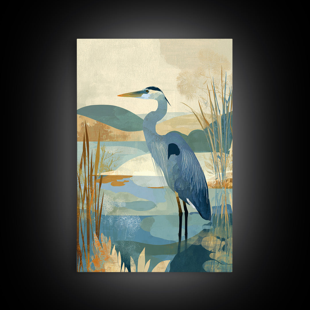 Blue Heron Standing Framed Canvas Print, Medical Office Art, Textured Painting, Office Decor, Fine Art, Calm, Minimalist Art, MOA-2x3-22