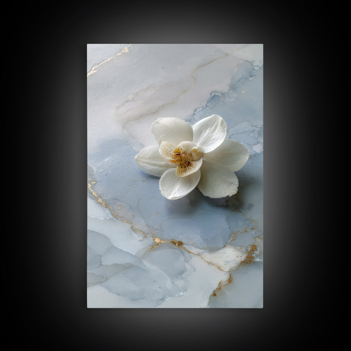 White Orchid on Gray Stone Surface Framed Canvas Print, Medical Office Art, Wall Art, Office Decor, Calm, Printable Card, MOA-2x3-38